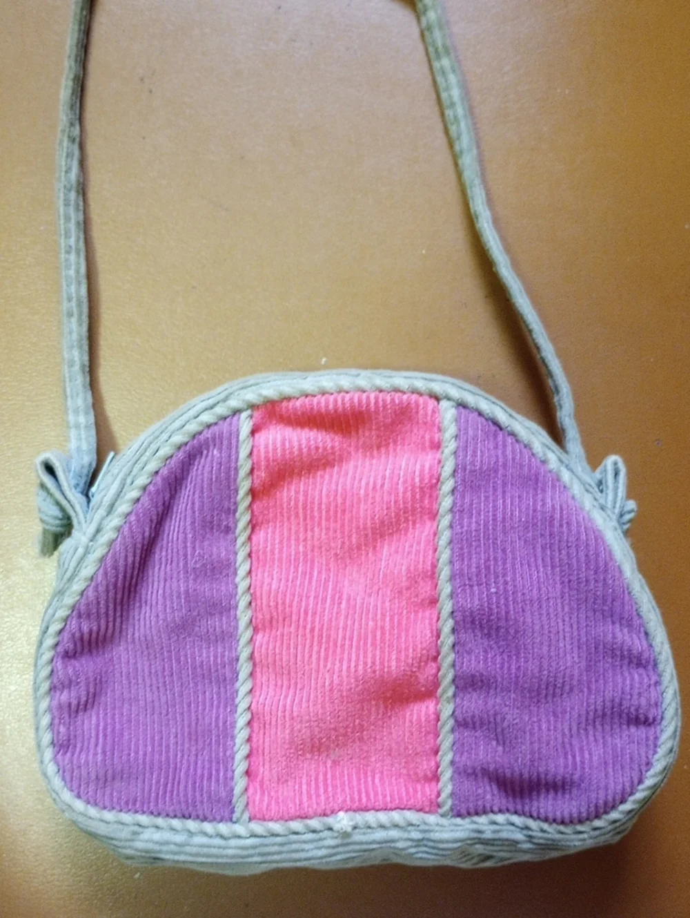 Vintage Retro Colorful Courderoy Girl's Purse w/ Shoulder Strap. Pink Purple Tan